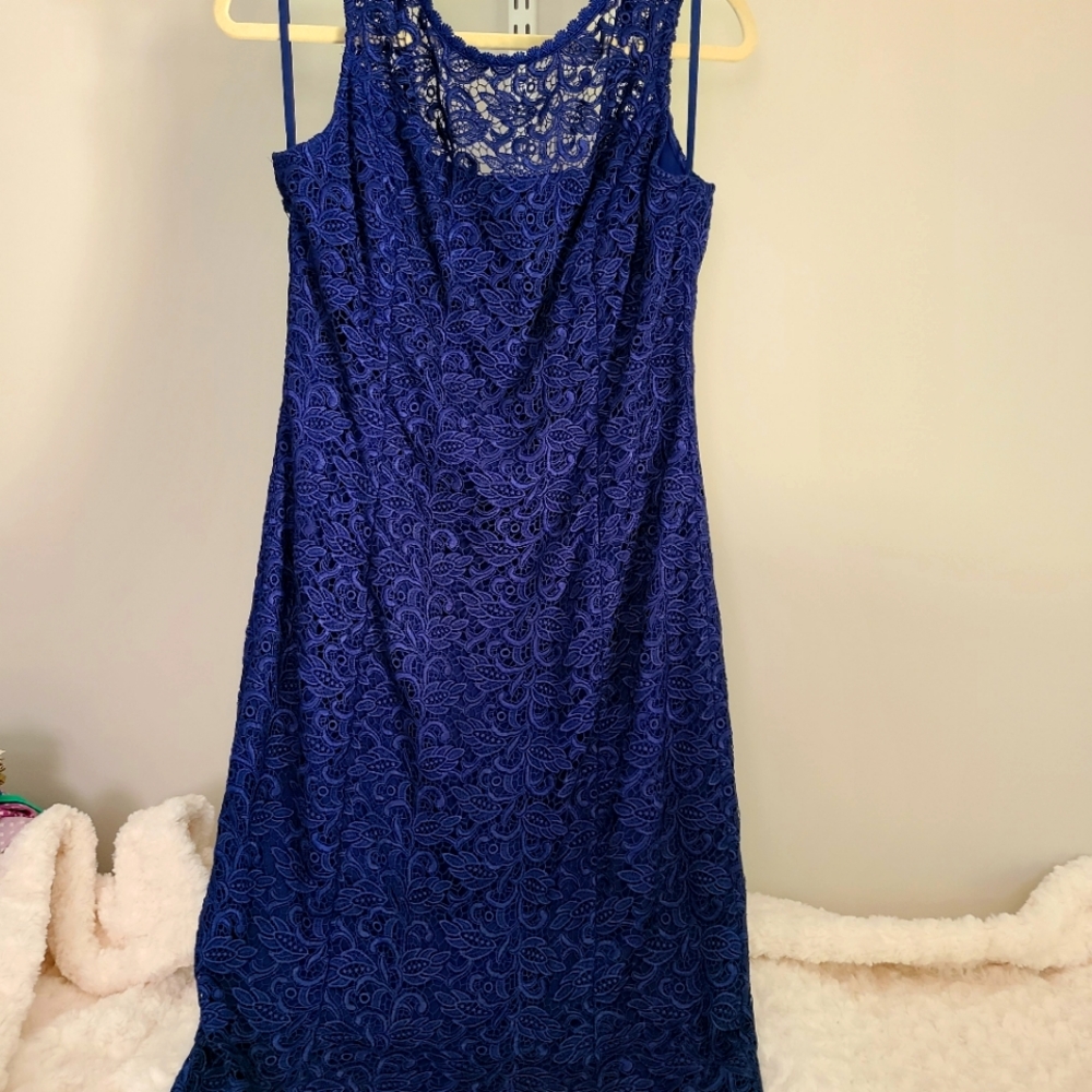 WHBM Dark blue lace, scoop back, tea length, fitted dress. Size 8